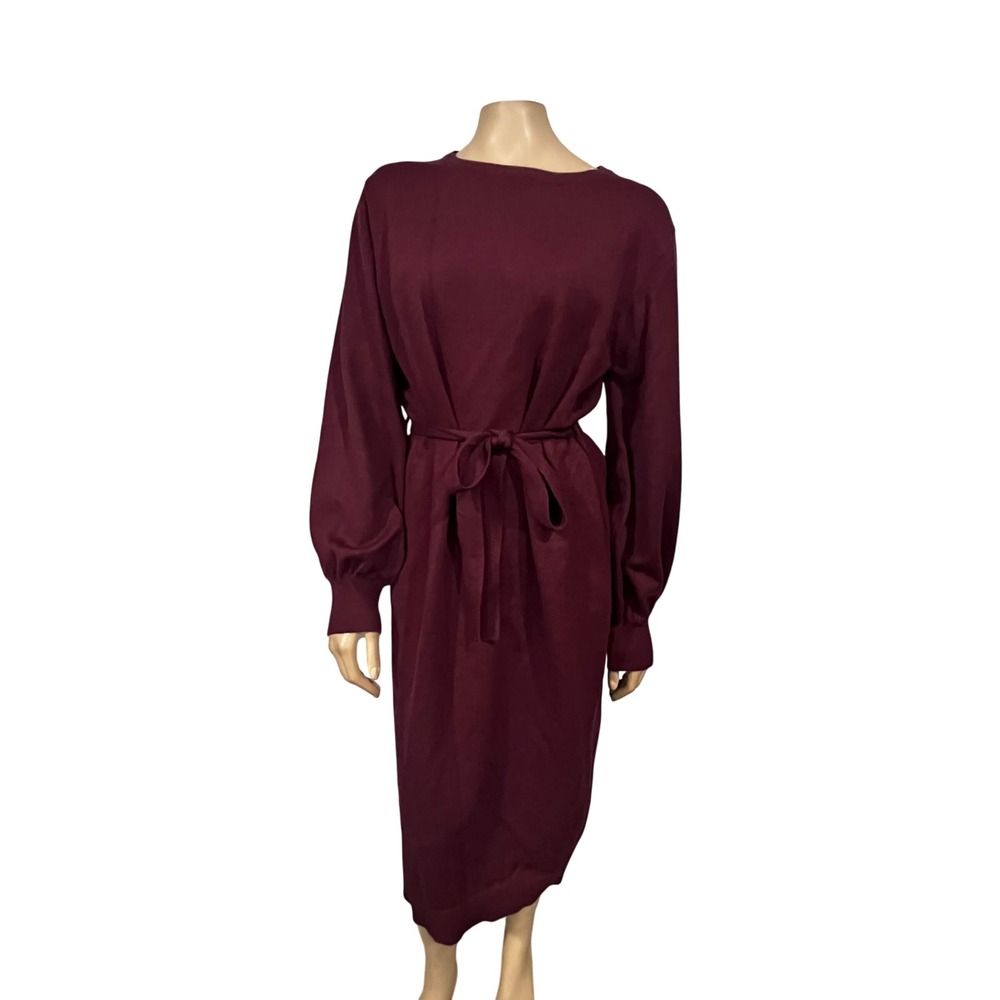 MIROL Burgundy Knit‎ Midi Sweater Dress Long Puff Sleeve Tie Waist Mens L